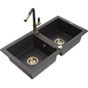Granitinė virtuvinė plautuvė Mexen Mario su maišytuvu ir sifonu, Juodas granite+Juodas granite/Gold