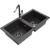 Granitinė virtuvinė plautuvė Mexen Mario su maišytuvu ir sifonu, Juodas granite+Juodas granite/Chrome