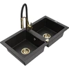 Granitinė virtuvinė plautuvė Mexen Mario su maišytuvu ir sifonu, Metallic juodas/sidabrinis+Juodas/Gold