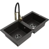 Granitinė virtuvinė plautuvė Mexen Mario su maišytuvu ir sifonu, Metallic juodas/auksinis+Juodas/Gold