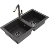 Granitinė virtuvinė plautuvė Mexen Mario su maišytuvu ir sifonu, Juodas granite+Juodas granite/Gold