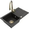 Granitinė virtuvinė plautuvė Mexen Pablo su maišytuvu ir sifonu, Metallic juodas/auksinis+Gold