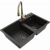 Granitinė virtuvinė plautuvė Mexen Tomas su maišytuvu ir sifonu, Metallic juodas/auksinis+Gold