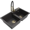 Granitinė virtuvinė plautuvė Mexen Tomas su maišytuvu ir sifonu, Juodas granite+Juodas/Gold
