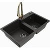 Granitinė virtuvinė plautuvė Mexen Tomas su maišytuvu ir sifonu, Metallic juodas/auksinis+Gold