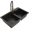 Granitinė virtuvinė plautuvė Mexen Tomas su maišytuvu ir sifonu, Metallic juodas/auksinis+Juodas/Gold