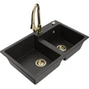 Granitinė virtuvinė plautuvė Mexen Tomas su maišytuvu ir sifonu, Metallic juodas/auksinis+Gold
