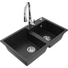 Granitinė virtuvinė plautuvė Mexen Tomas su maišytuvu ir sifonu, Metallic juodas/sidabrinis+Chrome