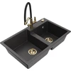 Granitinė virtuvinė plautuvė Mexen Tomas su maišytuvu ir sifonu, Juodas granite+Juodas/Gold