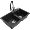 Granitinė virtuvinė plautuvė Mexen Tomas su maišytuvu ir sifonu, Metallic juodas/sidabrinis+Juodas/Chrome