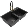 Granitinė virtuvinė plautuvė Mexen Tomas su maišytuvu ir sifonu, Metallic juodas/sidabrinis+Juodas/Gold