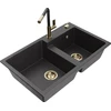 Granitinė virtuvinė plautuvė Mexen Tomas su maišytuvu ir sifonu, Juodas granite+Juodas granite/Gold