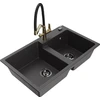 Granitinė virtuvinė plautuvė Mexen Tomas su maišytuvu ir sifonu, Juodas granite+Juodas/Gold