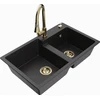 Granitinė virtuvinė plautuvė Mexen Tomas su maišytuvu ir sifonu, Metallic juodas/sidabrinis+Gold