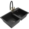 Granitinė virtuvinė plautuvė Mexen Tomas su maišytuvu ir sifonu, Metallic juodas/sidabrinis+Juodas/Gold