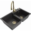 Granitinė virtuvinė plautuvė Mexen Tomas su maišytuvu ir sifonu, Juodas granite+Gold