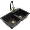 Granitinė virtuvinė plautuvė Mexen Tomas su maišytuvu ir sifonu, Metallic juodas/auksinis+Juodas/Gold