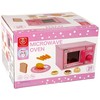 Žaislinė medinė mikrobangų krosnelė su maisto produktais, rožinė