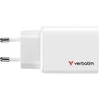 Verbatim GaN Travel Charger Essentials 65W, 2×USB-C PD, 1×USB-A QC, EU Plug, Baltas
