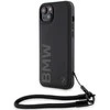Dėklas BMW BMHCP15S23RMRLK Apple iPhone 15 14 13 6.1″ juodos spalvos kietas dėklas Signature Leather Wordmark Cord