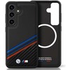 Original dėklas BMW Leather Tricolor Crossing Stripes MagSafe skirtas Samsung Galaxy S25 juodos spalvos