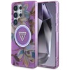 Original GUESS Glitter Flowers Triangle Mygtukai Magsafe Samsung Galaxy S25 Ultra dėklas telefonui violetinės spalvos