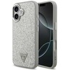 Dėklas Guess Glitter Triangle Logo MagSafe skirtas Apple iPhone 17 sidabro spalvos