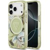 Dėklas Guess IML Glitter Flowers Triangle MagSafe skirtas Apple iPhone 17 Pro Max žalios spalvos