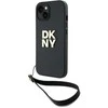 DKNY DKHCP15SPBSWSK Apple iPhone 15 / 14 / 13 6.1 colio juodos spalvos kietas dėklas su riešo dirželiu ir standartiniu logotipu