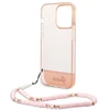 Apple iPhone 14 Pro Max Guess dėklas Translucent Pearl Strap rožinės spalvos