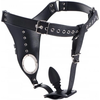 XR Brands Master Series Leather Chastity Harness with Silicone Plug, Adjustable