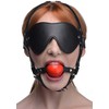 Xr Brands Sex &amp; Mischief Blindfold Harness with Raudona Ball Gag Adjustable Juodas