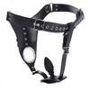 XR Brands Master Series Leather Chastity Harness with Silicone Plug, Adjustable