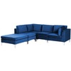 Beliani EVJA modulinė kampinė sofa 4 asmenims su pufu, aksominė, tamsiai mėlyna, dešininė