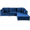 Beliani EVJA modulinė kampinė sofa 4 vietų su pufu, veliūras, tamsiai mėlyna, kairinė