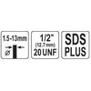 Grąžtas Toya Sa Poland Grąžto griebtuvas be rakto | SDS-Plus adapteris | 1.5–13 mm | 1/2"-20UNF | Yato (YT-820305)