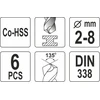 Grąžtas YATO METALO GRĄŽTŲ RINKINYS CO HSS 6vnt./2-8/ 2, 3, 4, 5, 6, 8mm