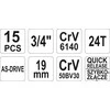 YATO KLUCZE NASADOWE 15 vnt. 3/4" 1334