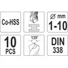 Grąžtas YATO Rinkinys grąžtų DO METALU HSS 10 vnt. 1, 2, 3, 4, 5, 6 ,7, 8, 9, 10mm, KOBALT