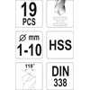 Grąžtas YATO WIERTŁA DO METALU HSS KOMPLET 19szt. 1-10mm 4462