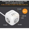 Maitinimo 6v1 prailginimo kubas su apšviestu jungikliu Qoltec 3x AC 2x USB 1x USB-C PD 20W baltas kabelis 2 m