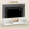 TV staliukas 200 cm TV spintelė televizoriams iki 90 colių, 2 atidaromi skyriai, atviras skyrius, stalčius, 8 kojelės, MDP, balta