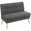 Dvivietė sofa, dygsniuotas atlošas, medinės kojos, storas paminkštinimas, linų imitacija, mažo kambario baldas, pilka