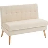 Dvivietė sofa, dygsniuotas atlošas, medinės kojos, storas paminkštinimas, lininio audinio išvaizda, skirta mažoms erdvėms, smėlio spalvos