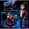 Vaikiškas elektrinis motociklas, 18-36 mėn., sėdimas žaislas, pagalbiniai ratukai, žibintai, muzika, plastikas, plienas, raudonas