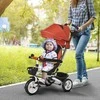 HOMCOM 6 viename triratukas su stūmimo rankena, vaikiškas triratukas su saugos diržu, sulankstomas, nuimamas stogelis nuo saulės, gėrimų laikiklis, krepšelis, pedalas, iki 25 kg, skirtas 1-5 metų vaikams, raudonas