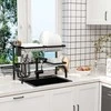 HOMCOM Indų nusausinimo stovas 2 pakopų indų nusausinimo stovas, nusausinimo stovas su kabliuku, nusausinimo padėklas, plienas, juodas, 51-93 cm