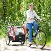 HOMCOM vaikiško dviračio priekaba 2 in 1 su pakaba, tinklinės durelės, 360° pasukamas priekinis ratas, stabdžiai, raudona+juoda, 142x75x101cm