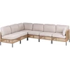 Lauko baldų komplektas Beliani Sodo kampinė sofa su staliuku 6 asmenims OMEGANA šviesiai smėlio spalvos iš technoratano, modulinė