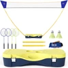 HOMCOM badmintono tinklas su stovu, badmintono tinklo stovas, nešiojamas tinklo stovas, badmintono tinklas su 4 badmintono raketėmis, lauko sportui, geltona + mėlyna